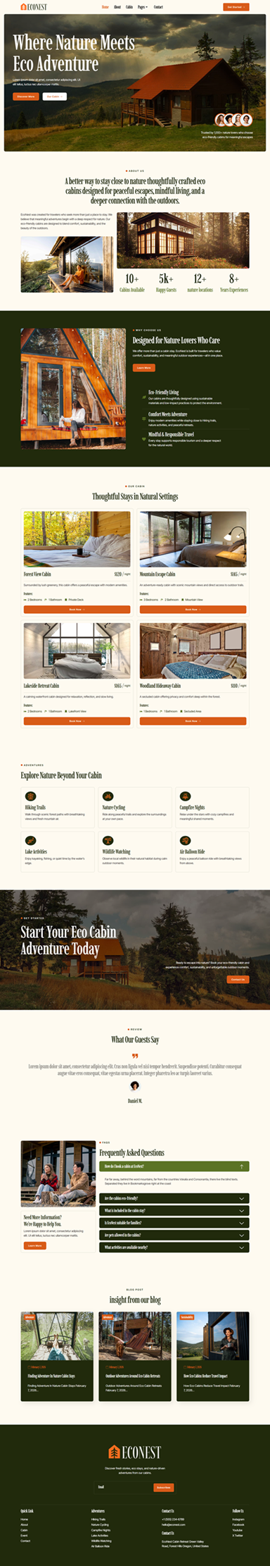 Home — Econest - Eco-Friendly Cabin Rental Adventure Elementor Template
