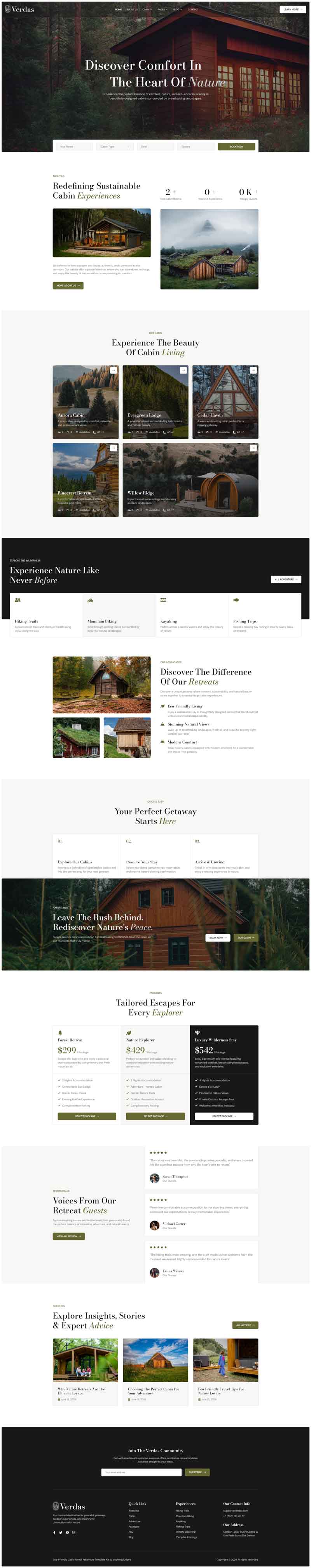 Home — Verdas - Eco-Friendly Cabin Rental Adventure Elementor Template